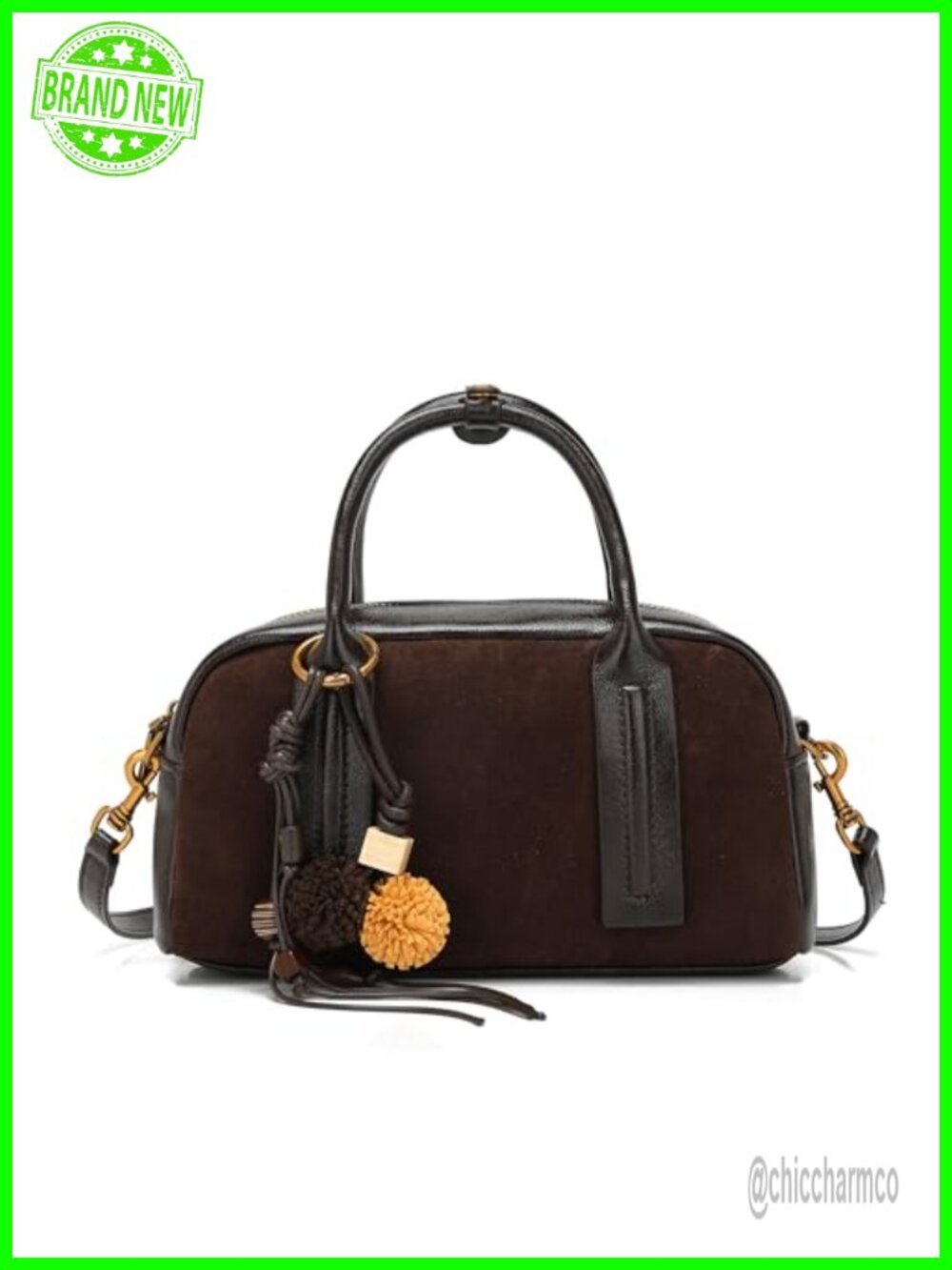Suede Boston Bag Satchel Crossbody Top Handle Purse with Pom Pom